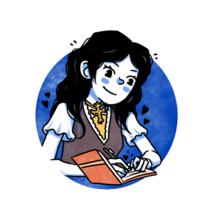 Cartoon profile image of the author. A woman in a black and yellow dress wears a gold and emerald cross necklace while writing in a brown journal. A blue circular background is behind her.