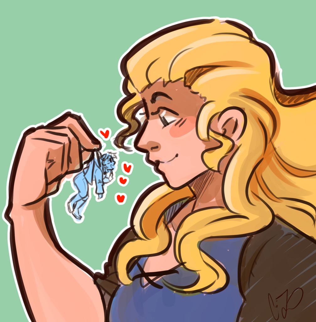 A color drawing of my characters Mila and Nora. The background of the image is light green. There is a thin white border all around Mila. Mila is a sizeshifter who in this drawing is at her full, giant size, and hence we only see Mila from the chest up. Meanwhile, Nora is small enough to fit in Mila's hand. Mila has long, blonde hair, light skin, and brown eyes. She wears a blue shirt with black sleeves. Mila is drawn in color, while Nora is a sketch outline. Nora has short hair, a long-sleeved shirt, a jacket clipped at their neck and worn like a cape, pants, and boots. Mila holds Nora up by their jacket, pinching the jacket between her thumb and index finger, and smiles down. Nora dangles in place, one hand raised in greeting as they wave up and smile at Mila. There are red hearts in the small empty space between Mila and Nora. The hearts also have a white border.