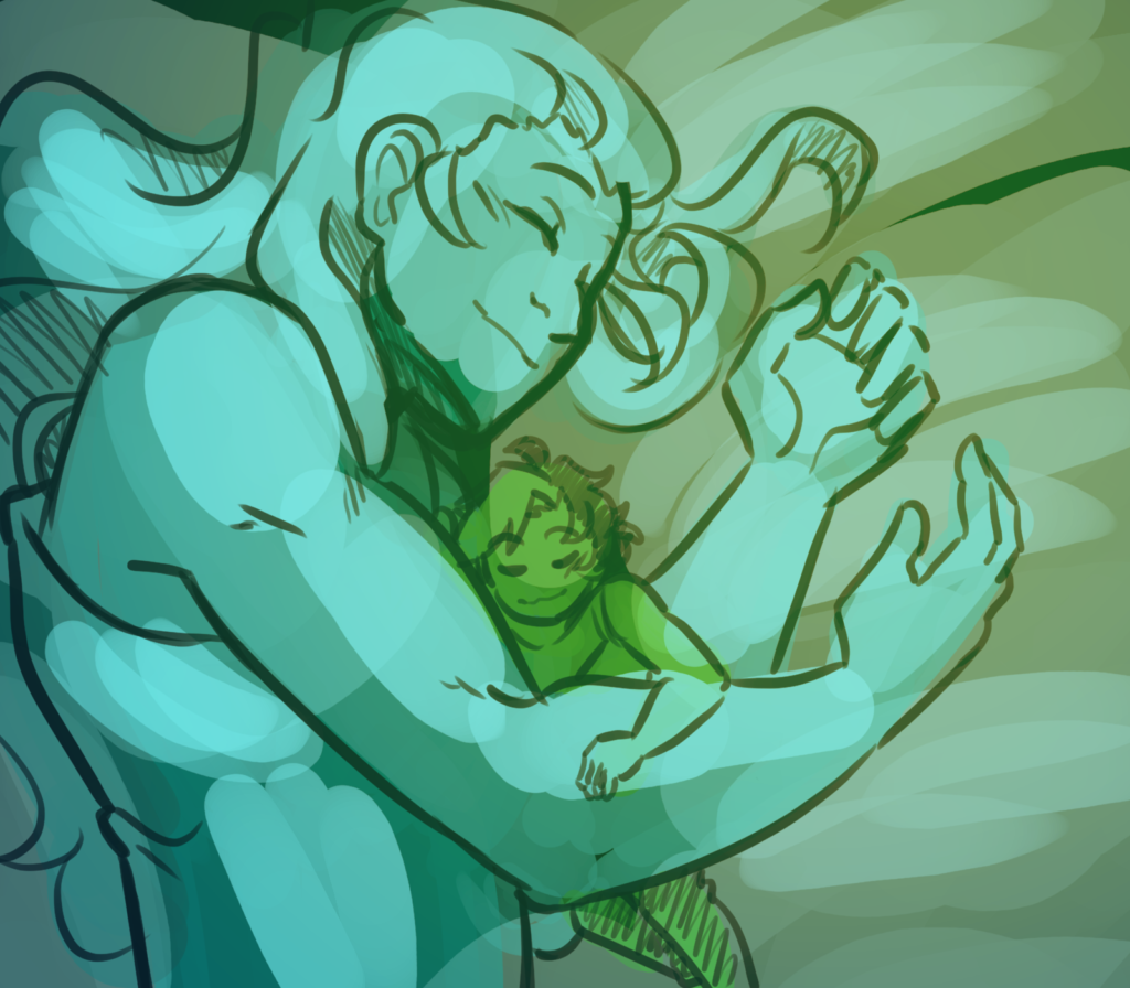A drawing in blue/green monochrome of my characters Nora and Mila. The two characters are snuggling and asleep in bed. Both are smiling as they sleep. Nora is roughly as big as a plushie compared to Mila. They are the little spoon; Mila holds them to her chest she sleeps and Nora wraps one of their smaller arms around Mila's powerful forearm. Mila has light skin, long light hair, and a muscular build. She wears a light-colored sleeveless shirt. Nora has light skin and dark hair, except for a light-colored tuft of hair in their bangs. Nora is fat. Nora also wears a light-colored sleeveless shirt.