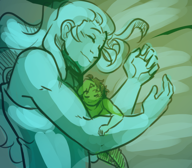 A drawing in blue/green monochrome of my characters Nora and Mila. The two characters are snuggling and asleep in bed. Both are smiling as they sleep. Nora is roughly as big as a plushie compared to Mila. They are the little spoon; Mila holds them to her chest she sleeps and Nora wraps one of their smaller arms around Mila's powerful forearm. Mila has light skin, long light hair, and a muscular build. She wears a light-colored sleeveless shirt. Nora has light skin and dark hair, except for a light-colored tuft of hair in their bangs. Nora is fat. Nora also wears a light-colored sleeveless shirt.