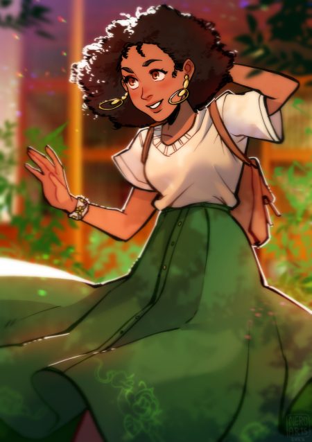 It's a color, half body drawing. With her brown bookbag on her back, Celia is standing and smiling nervously. She is wearing her white shirt and green dress. She also wears gold hoop earrings. She is surrounded by plants in the courtyard of her home in Huerto Viejo. She wears her hair in an afro.